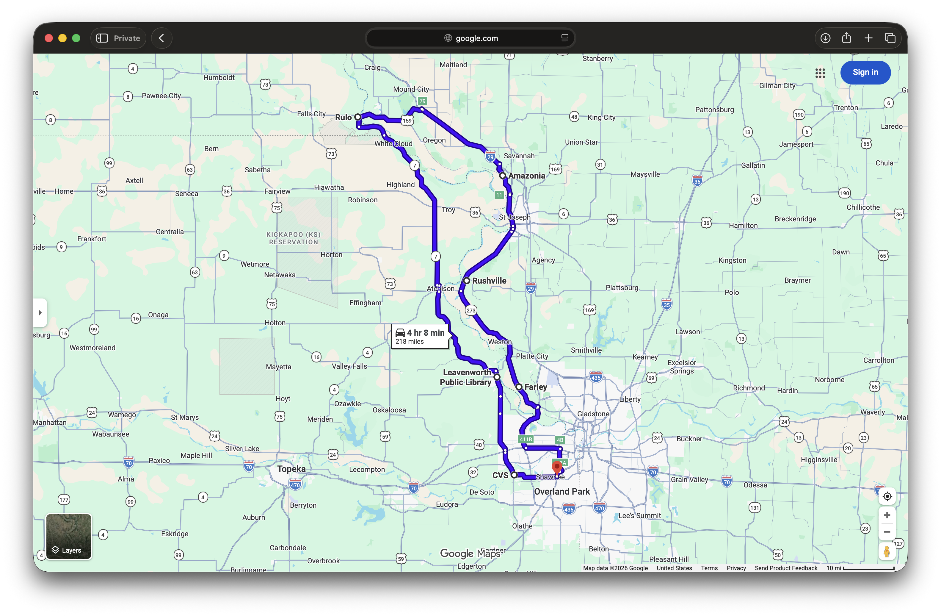Map of a 218-mile loop route from the Kansas City metro north through northeast Kansas, the Missouri River bluffs, and down the Glacial Hills Scenic Byway.